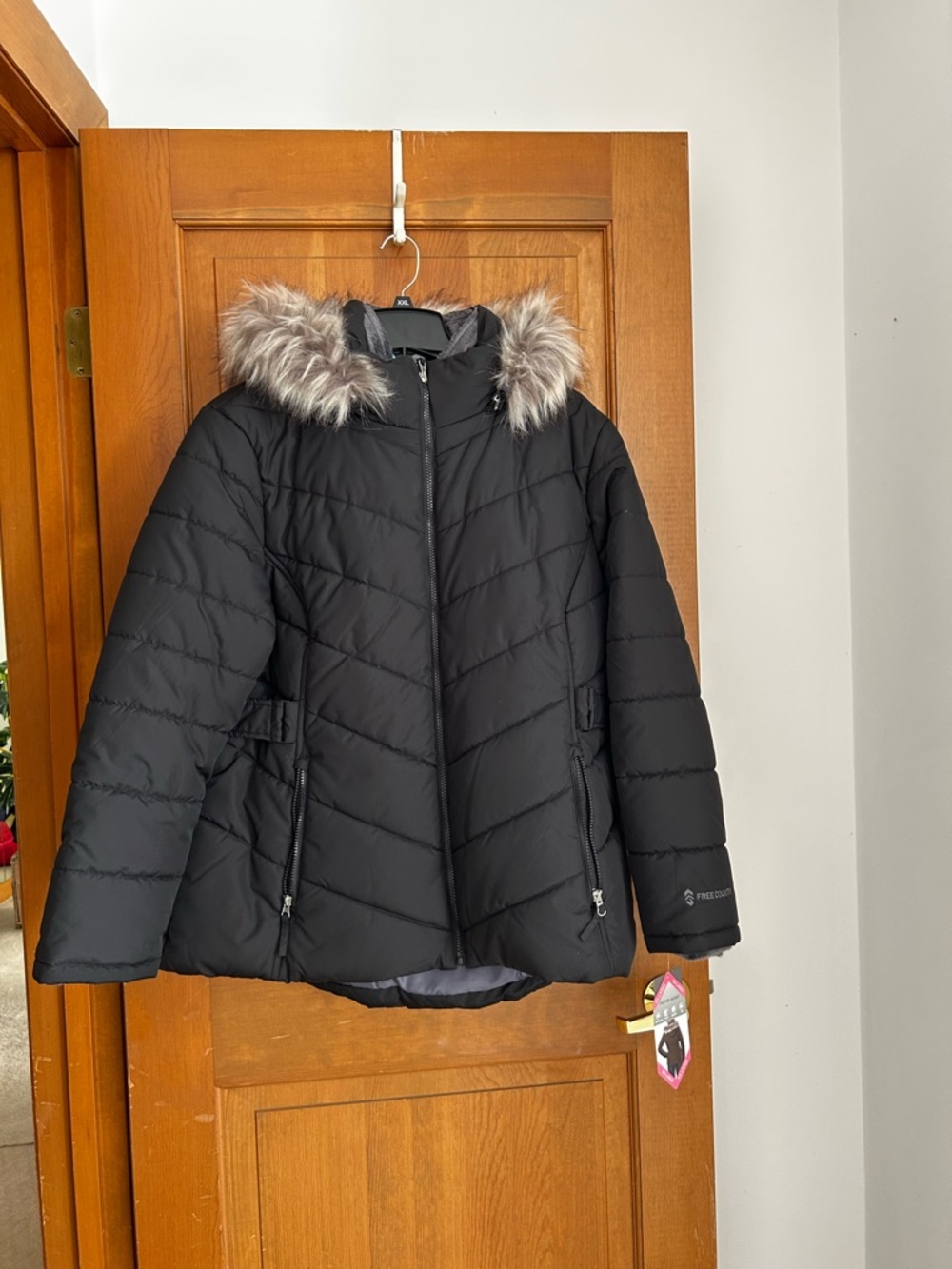Free Country Black Puffer Jacket with Faux Fur Trim Hood Size XXL